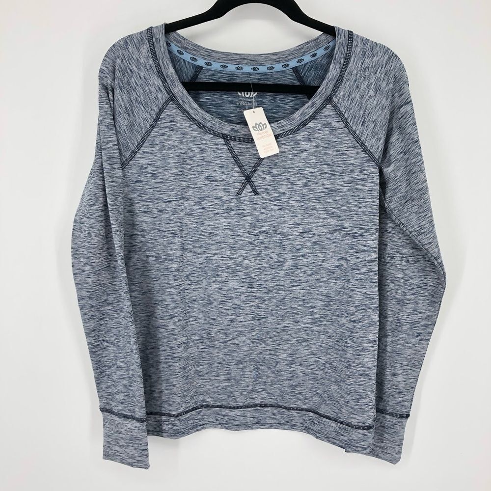 New Maurices In Motion Sweatshirt Womens Small Blue Marl Curtain Back Raglan NWT